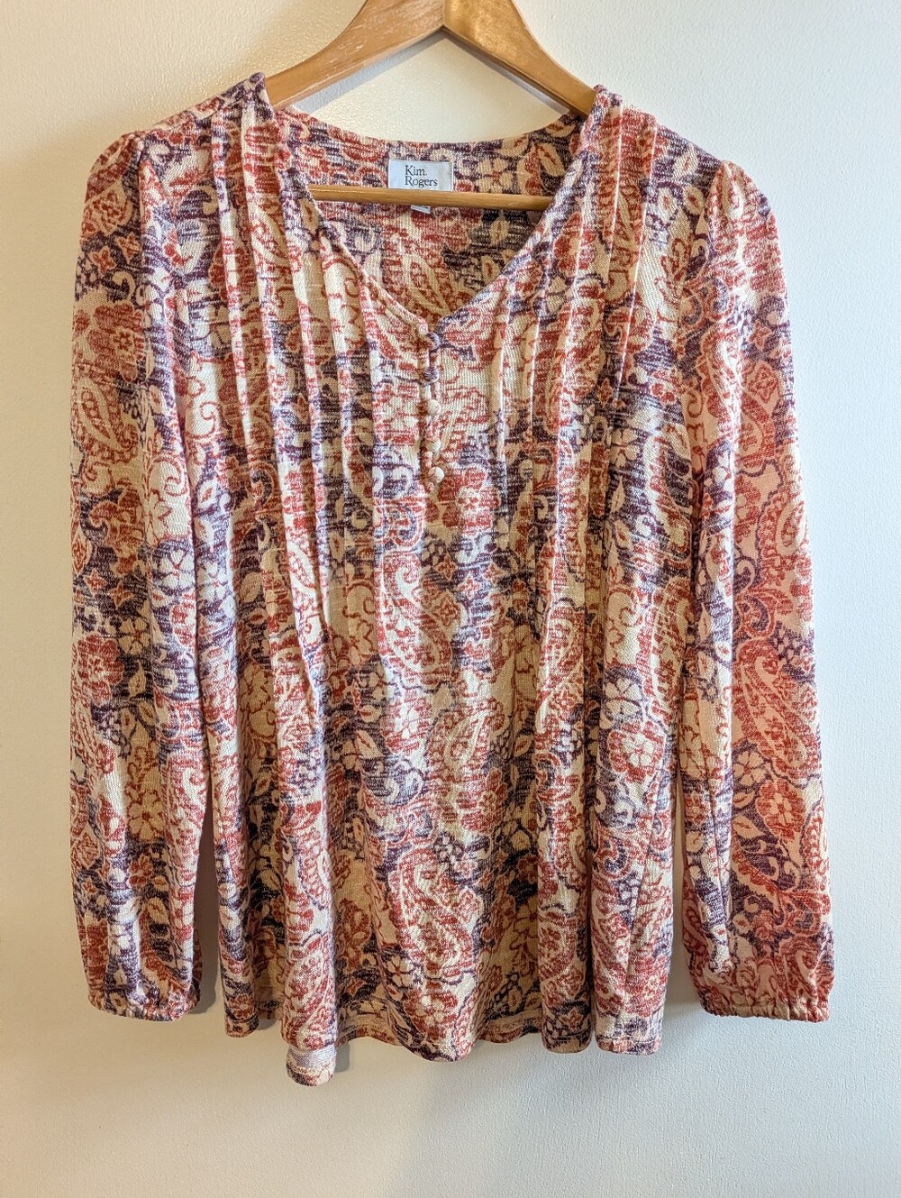 Kim Rogers Vneck Pink Paisley Longskeeve Soft Knit Blouse Small Boho Peasant